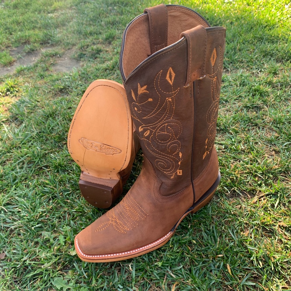 Women's Western Cowgirl Snipped Toe Burnt Orange Leather Boots Cubans Heeled